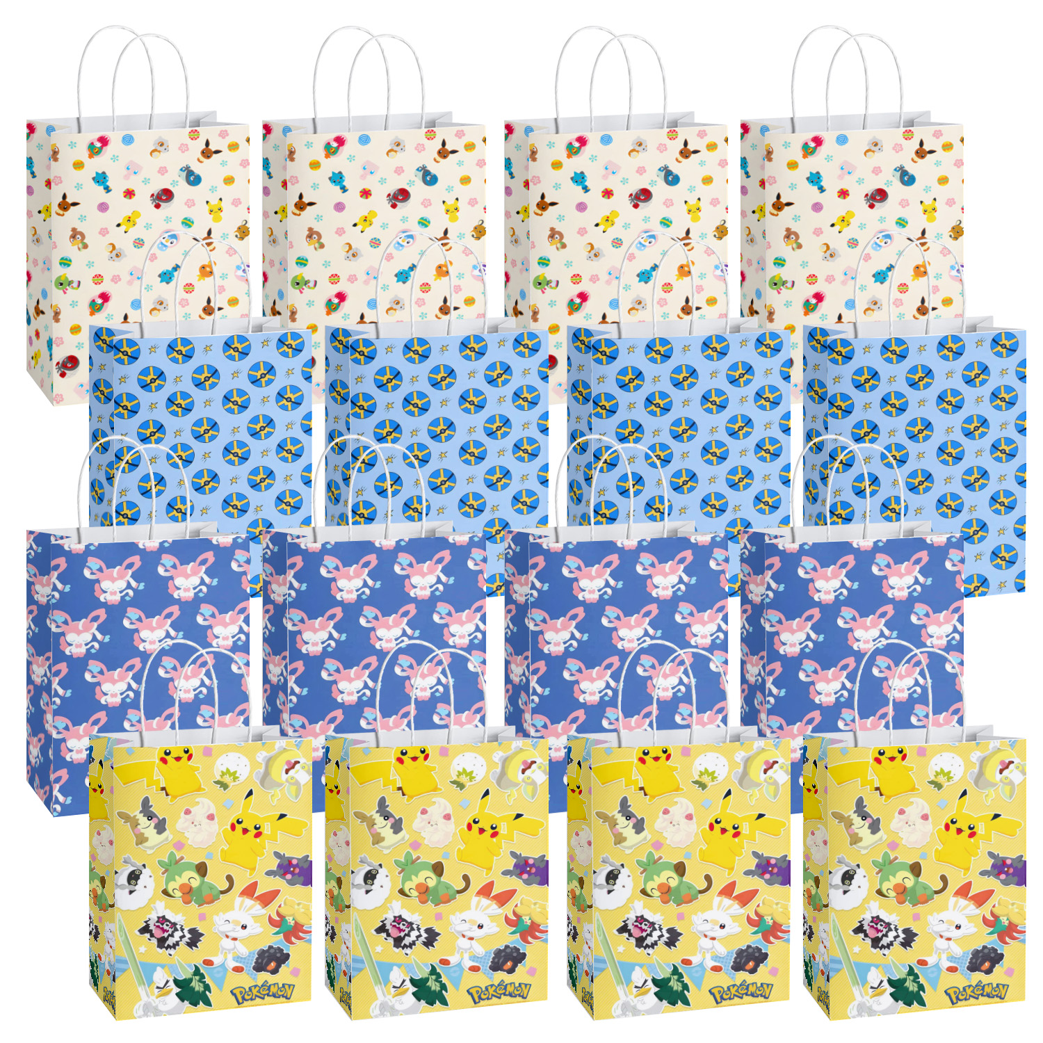 SALQGBUW-Pokemon 16 Pcs Party Paper Gift Bags – Cute Cartoon Favor Bags for Kids' Birthday, Baby Shower, Classroom Treats, and Party Supplies for Boys and Girls